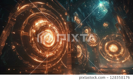 A fantasy temple space with a glowing magical ring floating in it 128358176