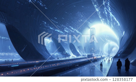 未來城市的地下隧道和閃亮的摩天大樓 128358177