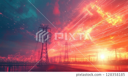 電網和燈光營造的夢幻夜空 128358185