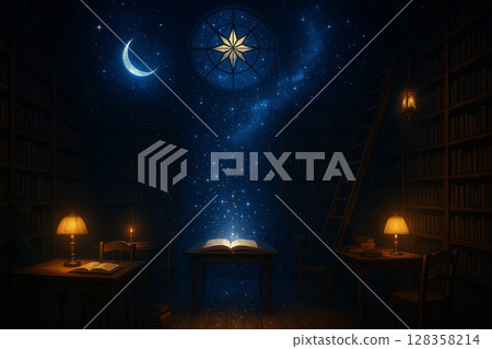 Books illuminated under stained glass 128358214