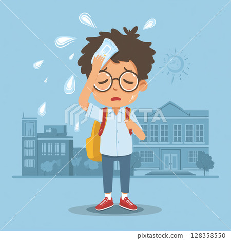 酷暑中揮汗如雨的學生插畫/小學生/國中生/高中生─與防暑降溫相關的教育及醫療資料 128358550