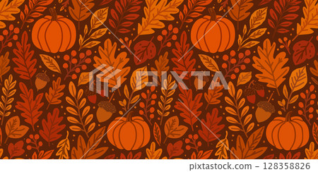 Vector seamless pattern with bright autumn leaves, acorns and pumpkins on brown background Vector seamless pattern with bright autumn leaves, acorns and pumpkins on brown background 128358826