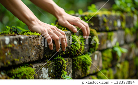 Scenery of hands climbing over a stone wall 128358894