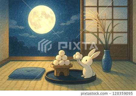 滿月、餃子和兔子的秋季賞月插圖素材 滿月、餃子和兔子的秋季賞月插圖素材 128359095