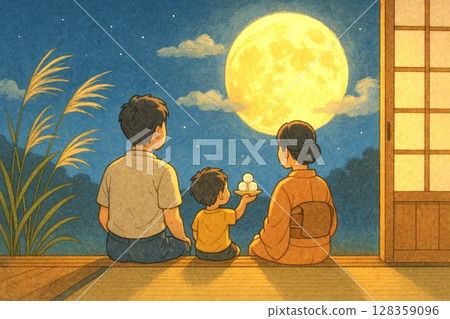 滿月、餃子和兔子的秋季賞月插圖素材 128359096