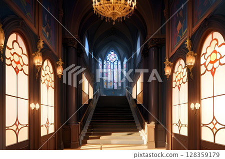 遊戲背景：美麗的彩色玻璃樓梯走廊大廳 128359179