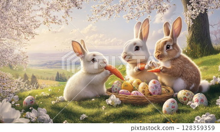 Three rabbits, one white, one brown, and one gray, are sitting in a vibrant spring meadow surrounded by flowers and decorated eggs, happily nibbling on carrots while enjoying the sunny weather. 128359359