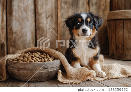 A cheerful puppy with a black and white coat sits next to a large bowl filled with dog food. The background features rustic wooden walls and a warm, cozy atmosphere. 128359362