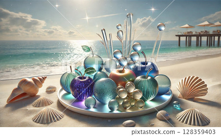 Glass fruits on the beach 128359403