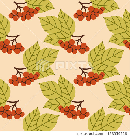 Autumn berry seamless pattern. Fall isolated berries on beige background. Square repeat pattern flat design for fall season. Autumn berry seamless pattern. Fall isolated berries on beige background. Square repeat pattern flat design for fall season. 128359528
