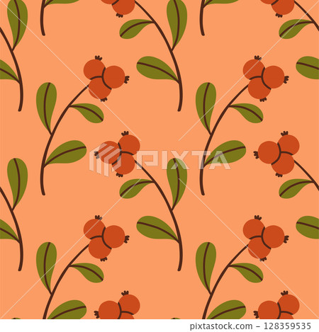 Autumn berry seamless pattern. Fall isolated berries on orange pink background. Square repeat pattern flat design for fall season. 128359535
