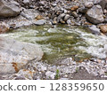 Mountain Stream with Clear Water Flowing Over Rocks 128359650