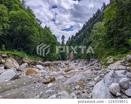 Rocky Riverbed in Forest Valley Under Cloudy Sky 128359651