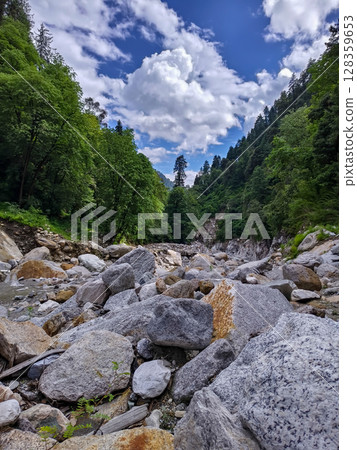 Rocky Forest Stream Bed Under Bright Blue Sky 128359653