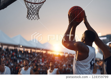 Dynamic Outdoor Basketball Game at Sunset Featuring Team Players in Intense Action Dynamic Outdoor Basketball Game at Sunset Featuring Team Players in Intense Action 128359799