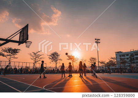Sunset Basketball Game at Outdoor Arena with Team Players Enjoying Summer Day Sunset Basketball Game at Outdoor Arena with Team Players Enjoying Summer Day 128359800