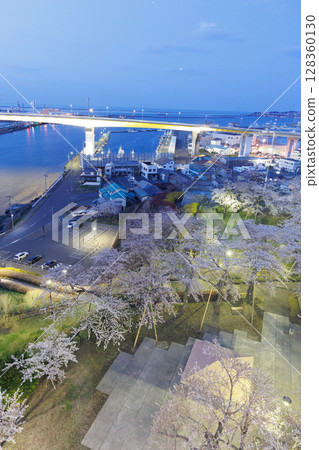 Hachinohe Bridge and cherry blossoms seen from the Gret Tower Minato (Hachinohe City, Aomori Prefecture) 128360130