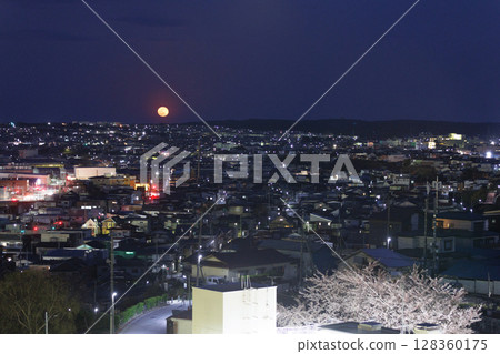 八戶町後方的夜櫻與冉冉升起的圓月（青森縣八戶市） 128360175