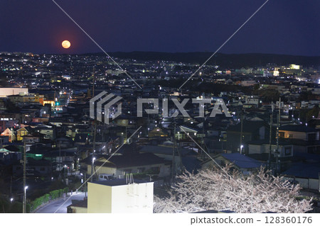 夜晚盛開的櫻花背後露出一輪圓月(青森縣八戶市) 夜晚盛開的櫻花背後露出一輪圓月(青森縣八戶市) 128360176