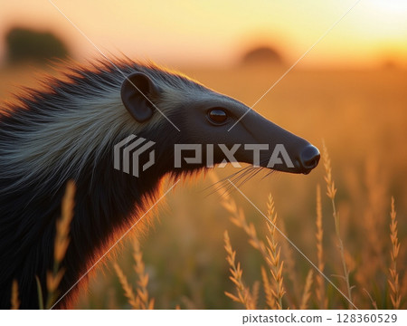 Giant Anteater in Golden Grassland Light with Detailed Fur and Elongated Snout Close-Up 128360529