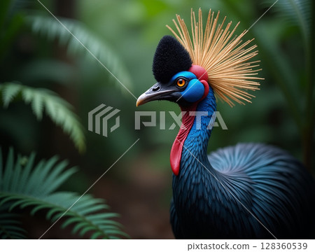 Vibrant Cassowary Portrait with Intricate Casque in Jungle 128360539