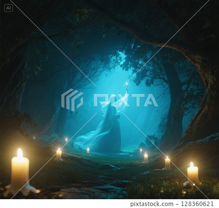 森林裡閃耀的月亮和火焰森林 128360621