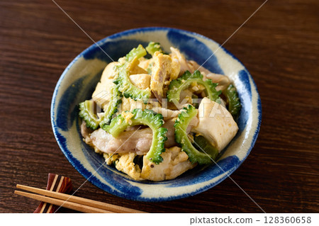 Goya chanpuru served on a plate Goya chanpuru served on a plate 128360658