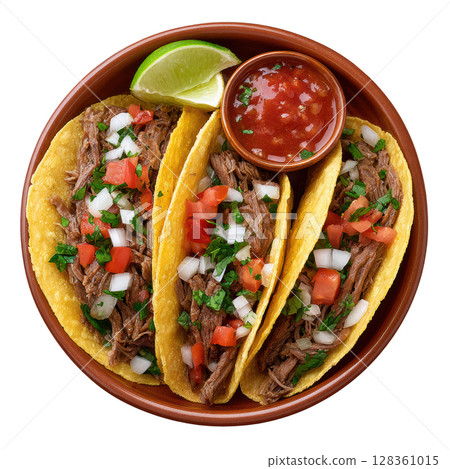 Delicious Beef Tacos Made with Seasoned Beef in Corn Tortillas Garnished with Fresh Toppings and Lime Delicious Beef Tacos Made with Seasoned Beef in Corn Tortillas Garnished with Fresh Toppings and Lime 128361015