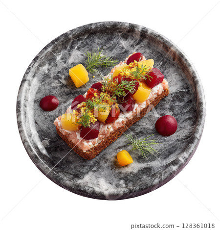 Elegant Smoked Mackerel Pate on Crisp Seaweed Cracker with Pickled Beetroot and Horseradish Cream Garnish 128361018