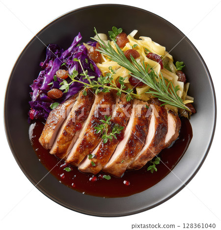 Pan Roasted Grouse Breast with Cranberry Jus, Sliced Chestnuts, and Braised Red Cabbage on Elegant Plate 128361040