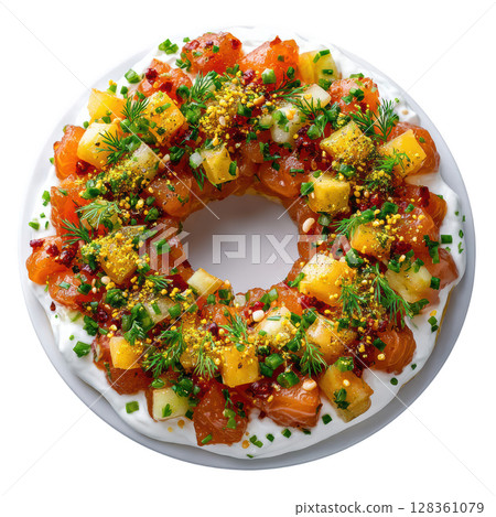 Smoked Haddock Tartare with Apple and Celery, Molded into Ring, Topped with Creme Fraiche and Dill Pollen Smoked Haddock Tartare with Apple and Celery, Molded into Ring, Topped with Creme Fraiche and Dill Pollen 128361079