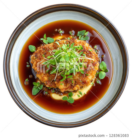 Crispy Veal Sweetbreads on Lentil Puree with Glazed Shallots and Sherry Jus in Elegant Presentation 128361083