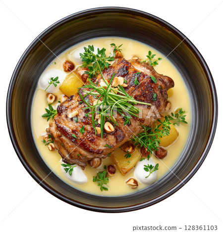 Tender Braised Rabbit Leg with Dijon Mustard Jus, Parsnip Puree, and Roasted Hazelnuts Served in Elegant Dish Tender Braised Rabbit Leg with Dijon Mustard Jus, Parsnip Puree, and Roasted Hazelnuts Served in Elegant Dish 128361103