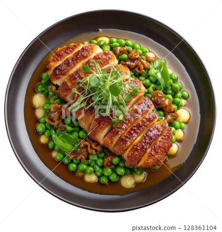 Pan-Seared Sweetbreads on Pea Puree with Glazed Morels and Micro Peas, Golden and Crisp Presentation Pan-Seared Sweetbreads on Pea Puree with Glazed Morels and Micro Peas, Golden and Crisp Presentation 128361104