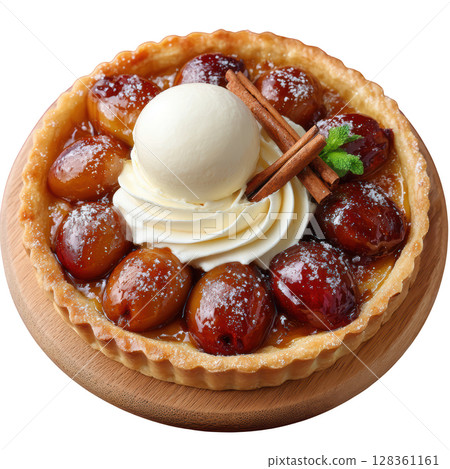 Delicious Plum Cinnamon Tart with Roasted Plums, Crisp Pastry, Vanilla Cream Quenelle, and Cinnamon Stick Garnish 128361161