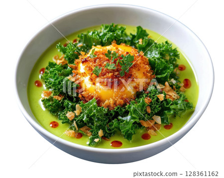 Vibrant Green Kale and White Cheddar Veloute Soup with Tasty Cheddar Crumble and Kale Chips 128361162