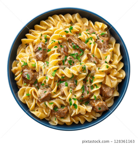 Creamy Beef Stroganoff with Tender Beef in Rich Mushroom Sauce Served Over Twisted Noodles Creamy Beef Stroganoff with Tender Beef in Rich Mushroom Sauce Served Over Twisted Noodles 128361163