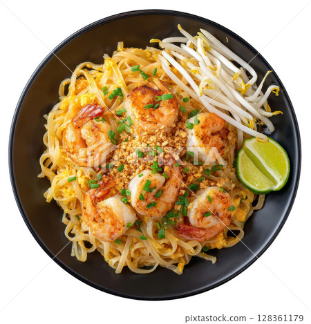 Delicious Shrimp Pad Thai with Stir Fried Noodles, Crushed Peanuts, Lime Wedge, and Fresh Bean Sprouts 128361179