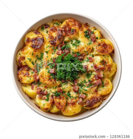 Delicious Tartiflette Dish Featuring Potatoes, Reblochon Cheese, Lardons, and Onions Baked to Perfection 128361186