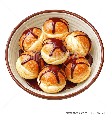 Classic Profiteroles with Chocolate Sauce and Vanilla Cream in a Bowl 128361218