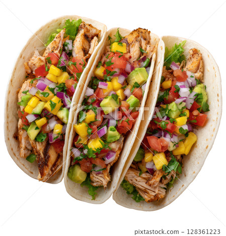 Grilled Chicken Tacos with Fresh Salsa and Avocado in Corn Tortillas 128361223