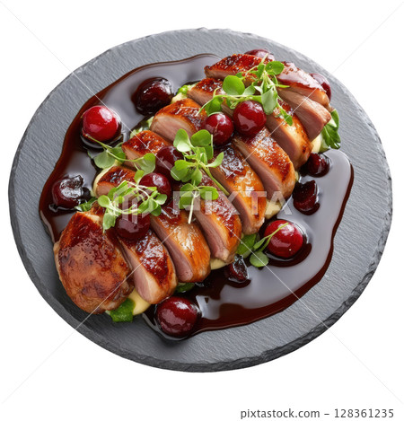 Artfully Presented Sliced Roasted Pigeon Breast Garnished with Black Garlic Puree and Pickled Cherries on Slate Plate Artfully Presented Sliced Roasted Pigeon Breast Garnished with Black Garlic Puree and Pickled Cherries on Slate Plate 128361235