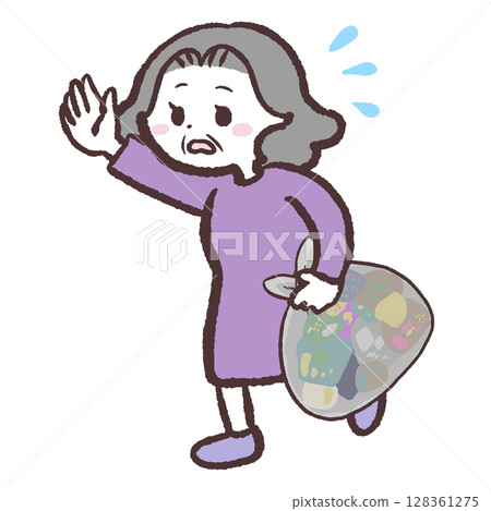 一位老年婦女拿著垃圾袋跑步的插圖 128361275