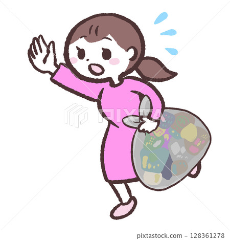 一名女子拿著垃圾袋奔跑的插圖 128361278