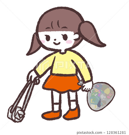Illustration of a girl picking up trash 128361281