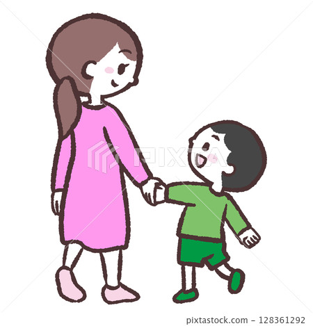 Illustration of a boy and his son walking hand in hand 128361292