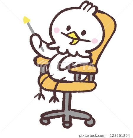 Illustration of a white bird sitting on a chair and explaining 128361294