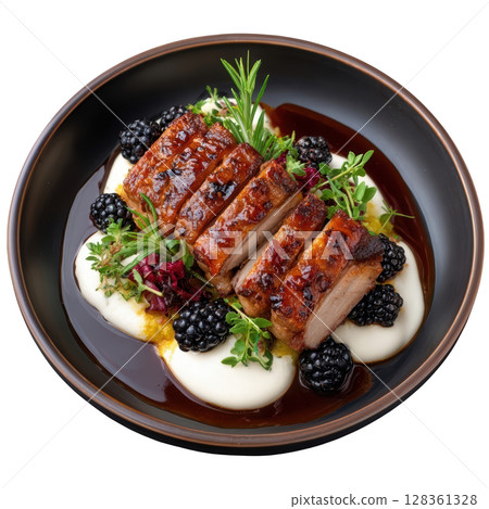 Slow Cooked Duck Confit on Creamy Sauce with Blackberry Reduction and Celeriac Remoulade Garnished with Herbs 128361328