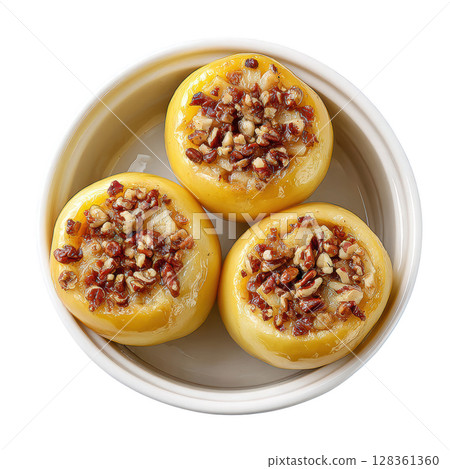 Delicious Baked Apples with Spiced Cinnamon and Crunchy Nuts in a Creamy Dish 128361360
