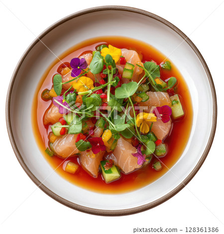 Fresh Barracuda Ceviche with Blood Orange Marinade, Compressed Cucumber, and Edible Nasturtium Flowers Fresh Barracuda Ceviche with Blood Orange Marinade, Compressed Cucumber, and Edible Nasturtium Flowers 128361386